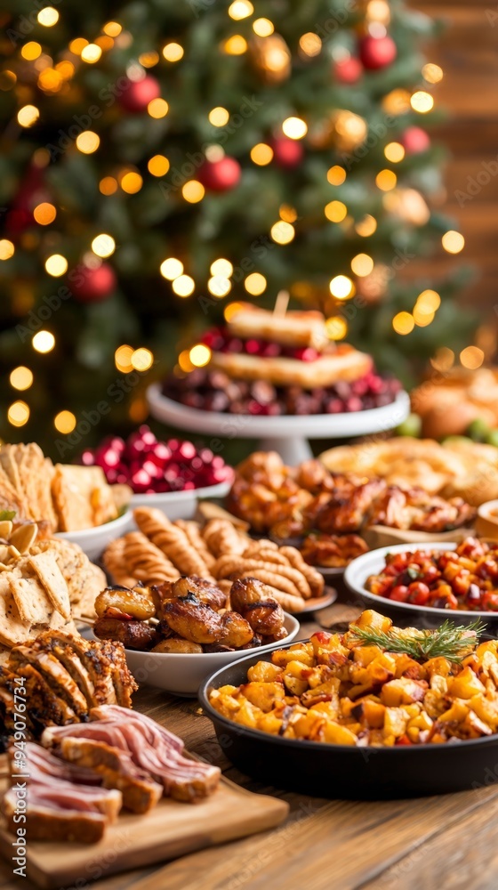 Fototapeta premium A festive spread of delicious holiday foods, decorated with vibrant colors and twinkling lights, perfect for Christmas celebrations.