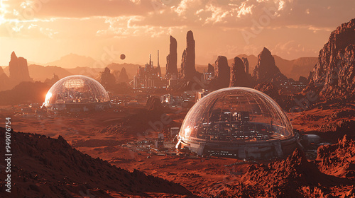 Terraforming Mars, CGI scene: A computer-generated scene of a terraformed Mars with futuristic cities under protective domes, red landscapes, and advanced terraforming technologies, shown in 