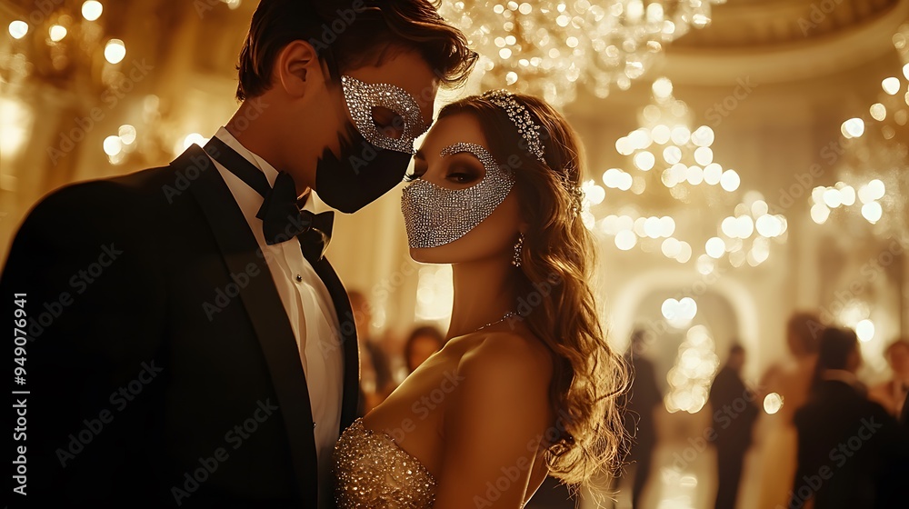 Couple wearing elegant masks at a masquerade ball Couple wearing elegant masks at a masquerade ball
