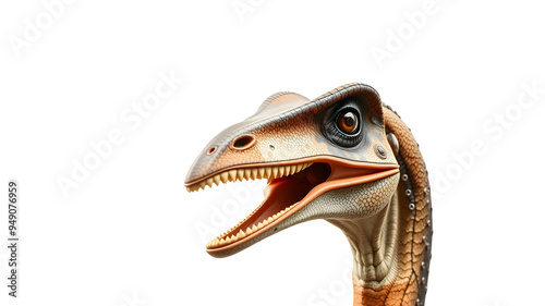 Close up of head of Gallimimus dinosaur on white background. Generative AI photo