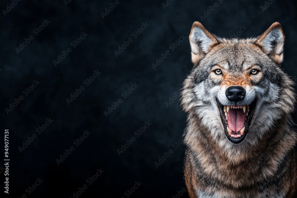 Fototapeta premium A fierce wolf displaying its teeth against a dark background, capturing the spirit of wilderness and strength in nature.