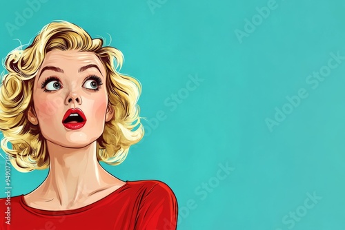 Women with eyes wide open and mouth agape, embodying surprise or fear, in a retro pop art comic. photo