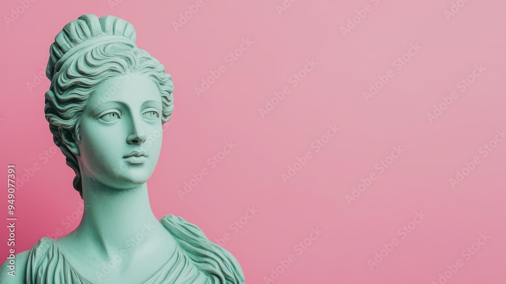 Venus statue in soft pastel greens, with modern tech accessories, representing the fusion of eras Venus statue in soft pastel greens, with modern tech accessories, representing the fusion of eras
