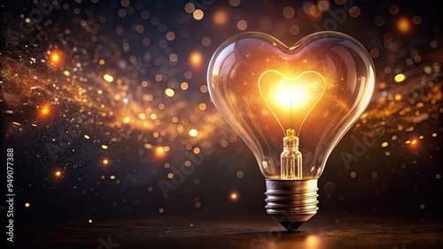 Vibrant heart-shaped light bulb aglow with soft, warm light, suspended in darkness, symbolizing creativity, inspiration, and love, surrounded by subtle sparks and faint glow.