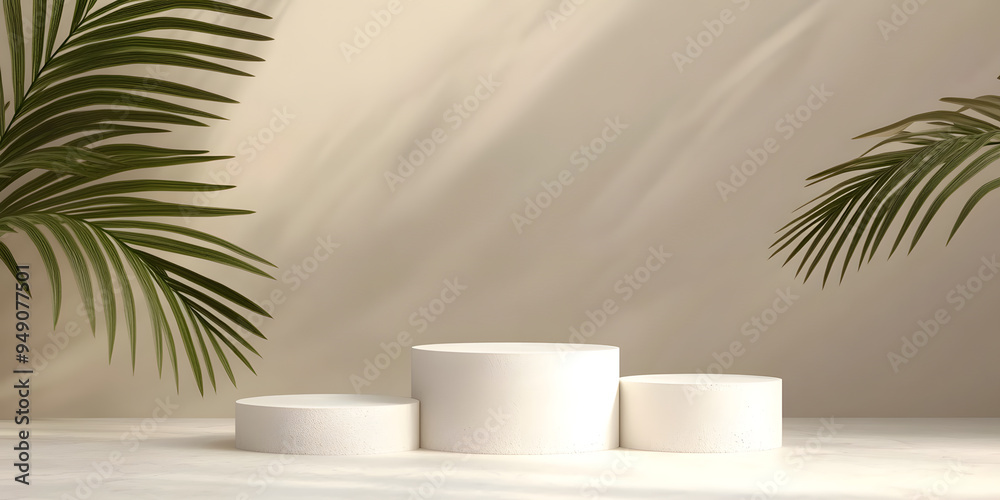 several white cylindrical podiums with palm leaves in the background several white cylindrical podiums with palm leaves in the background
