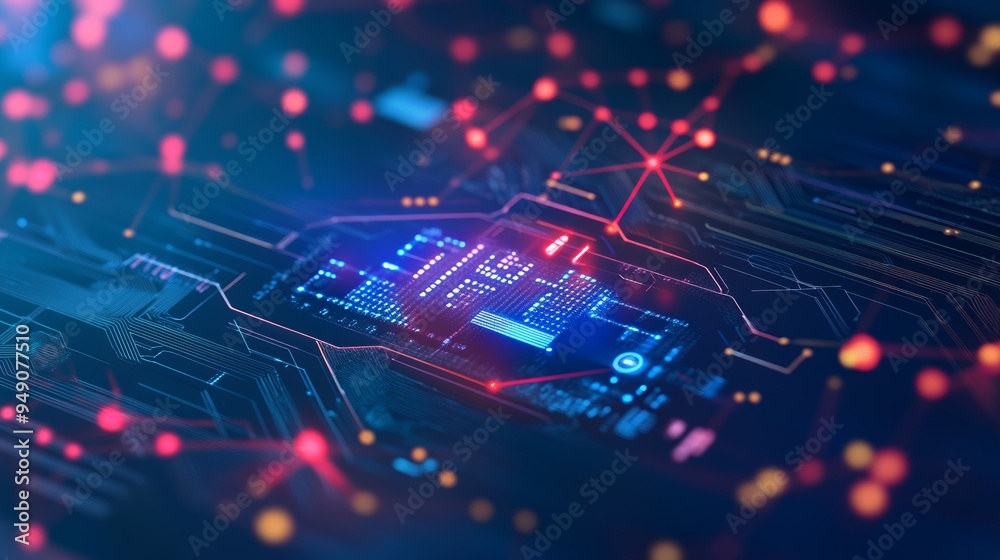 A futuristic circuit board design featuring vibrant lights and intricate details, symbolizing advanced technology and digital innovation. A futuristic circuit board design featuring vibrant lights and intricate details, symbolizing advanced technology and digital innovation.