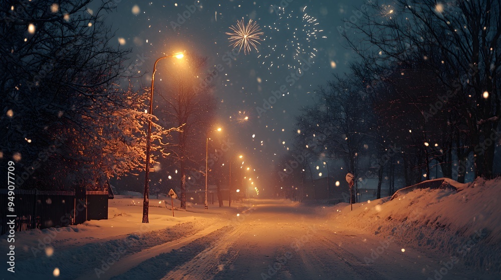Winter street with snowfall and festive fireworks on New Year's Eve Winter street with snowfall and festive fireworks on New Year's Eve