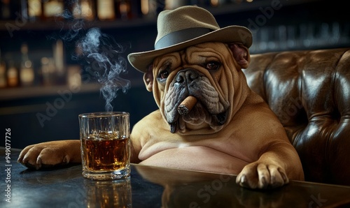 An elegant black leather sofa, an elegance hat, a cigar and a glass of brandy next to a bulldog smoking a cigar photo