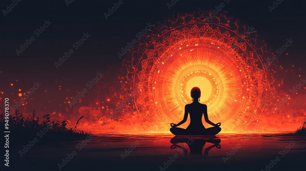 Inner Peace and Spiritual Freedom - Person Meditating in Front of Glowing Mandala with Copy Space for Text in Illustration