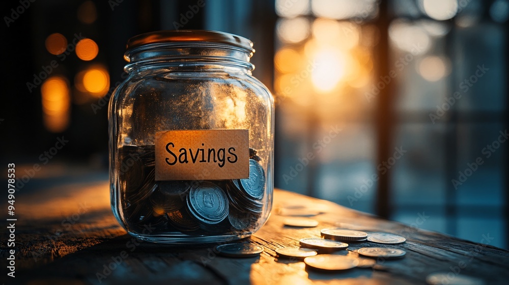 Illuminating Financial Freedom: Jar of Savings on Sunlit Windowsill with Copy Space Illuminating Financial Freedom: Jar of Savings on Sunlit Windowsill with Copy Space