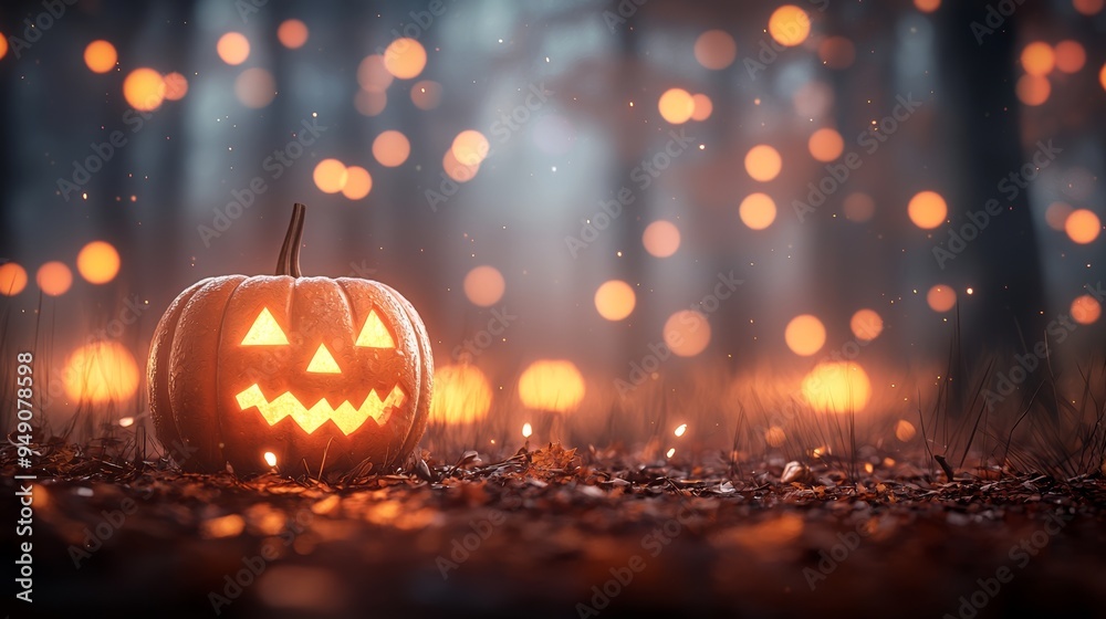 A glowing Halloween pumpkin sits in a misty forest, surrounded by sparkling lights, creating a magical autumn atmosphere. A glowing Halloween pumpkin sits in a misty forest, surrounded by sparkling lights, creating a magical autumn atmosphere.