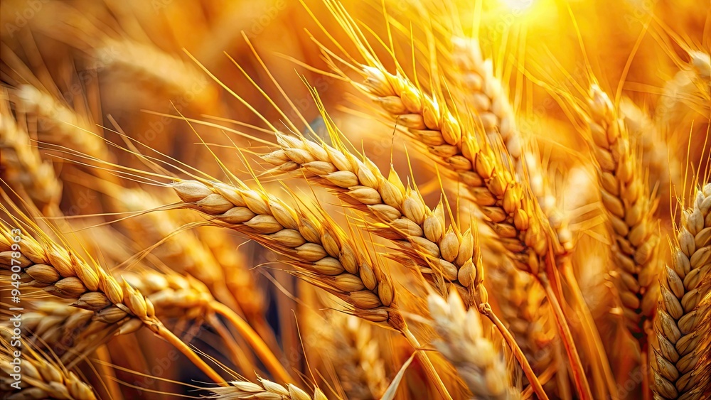 Vibrant microscopic view of golden wheat grains amidst soft, blurred background, showcasing intricate textures and patterns in natural, rustic hues. Vibrant microscopic view of golden wheat grains amidst soft, blurred background, showcasing intricate textures and patterns in natural, rustic hues.