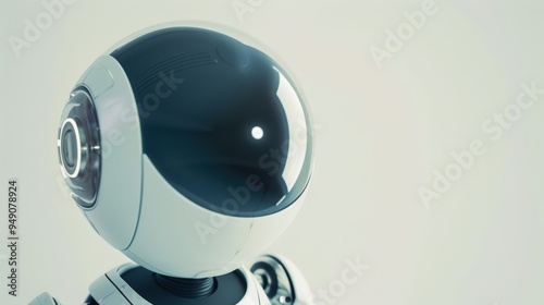 White robot looking up with big black eyes on white background