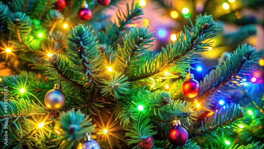 Vibrant multi-colored lights wrapped around a lush green Christmas tree's branches, sparkling with festive cheer, creating a cozy and magical holiday atmosphere in close-up detail. Vibrant multi-colored lights wrapped around a lush green Christmas tree's branches, sparkling with festive cheer, creating a cozy and magical holiday atmosphere in close-up detail.