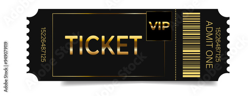 Golden ticket. Black and gold ticket template for a significant event. Social party. EPS 10. Vector art. VIP