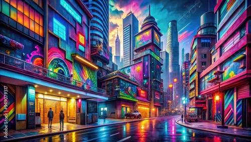 Vibrant neon lights illuminate a futuristic cityscape, blending eclectic street art, bold murals, and sleek architecture in a dazzling display of creativity and excess.