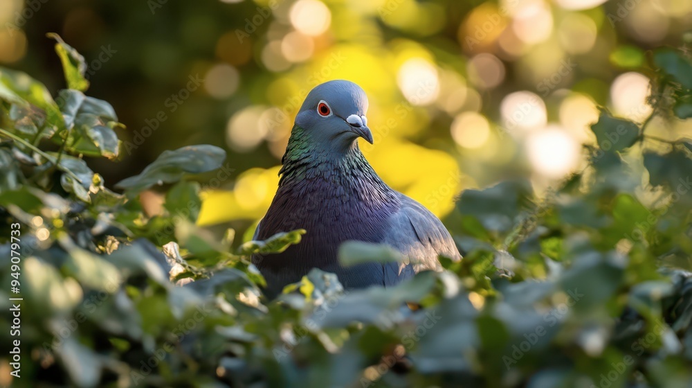 Fototapeta premium A pigeon perched among lush green leaves in early morning light