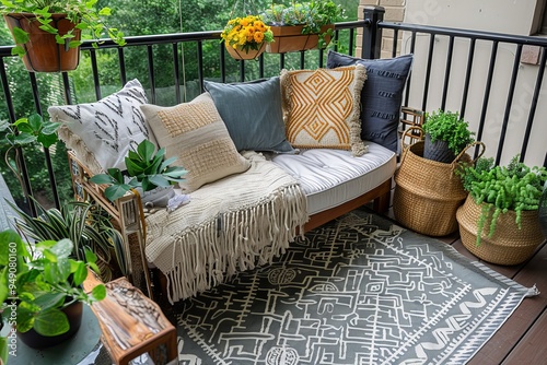 Chic small balcony with a compact sofa, decorative pillows, and a stylish outdoor rug 
