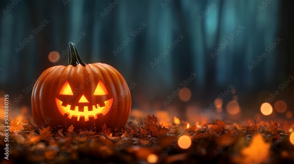 A glowing jack-o'-lantern sits on a bed of autumn leaves, illuminated by a serene forest backdrop, capturing the essence of Halloween. A glowing jack-o'-lantern sits on a bed of autumn leaves, illuminated by a serene forest backdrop, capturing the essence of Halloween.