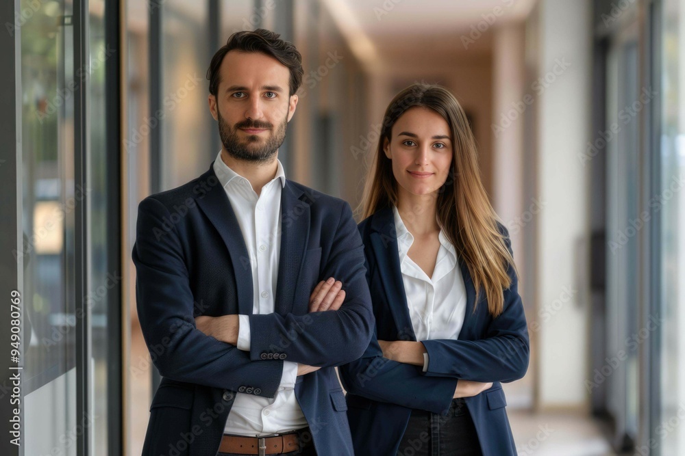 Two bussiness partners man and woman over team background Two bussiness partners man and woman over team background