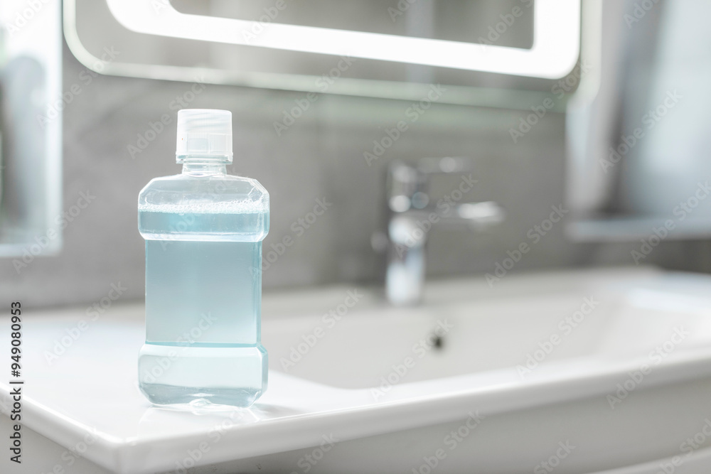Φωτογραφία Bottle of fresh mouthwash on washbasin in bathroom, closeup