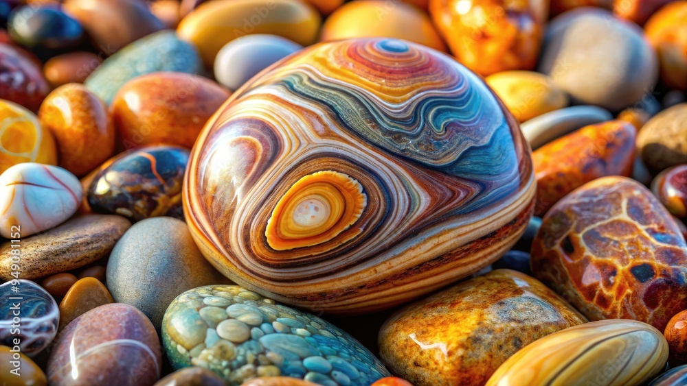 Vibrant, polished pebble's intricate textures and swirling patterns revealed in stunning macro detail, set against a soft, neutral background. Vibrant, polished pebble's intricate textures and swirling patterns revealed in stunning macro detail, set against a soft, neutral background.