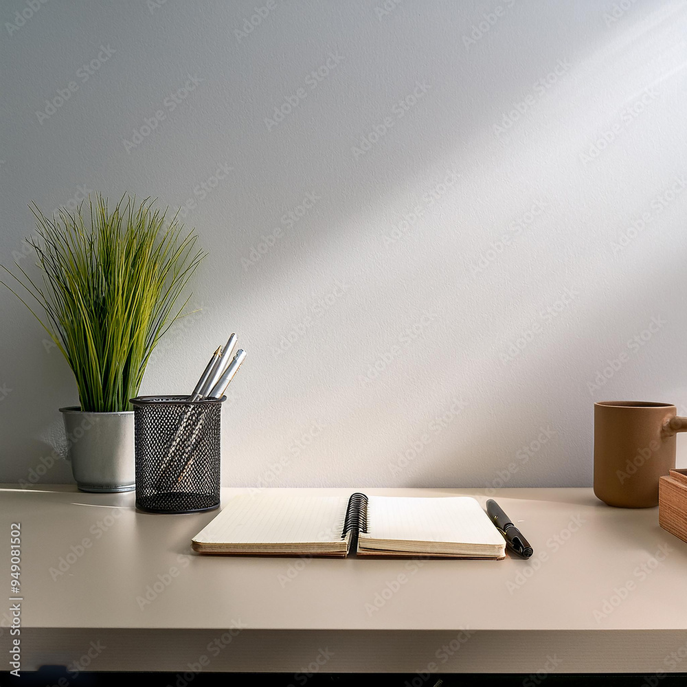 Minimalist Desk- A clean, minimalist desk with just a few items like a sleek notebook Minimalist Desk- A clean, minimalist desk with just a few items like a sleek notebook