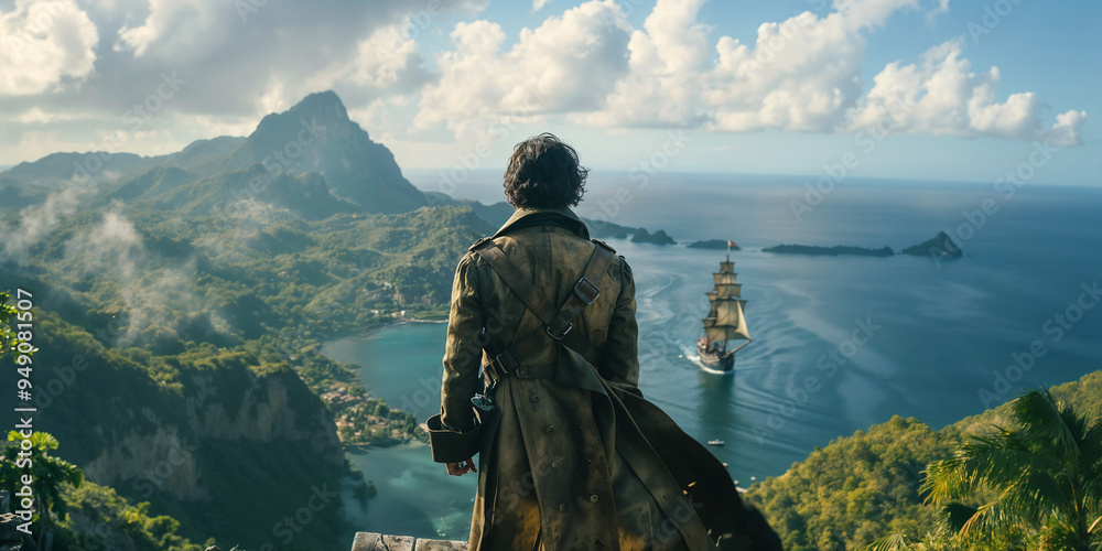 Fototapeta premium pirate captain stares out at carribbean sea with a galleon in the water