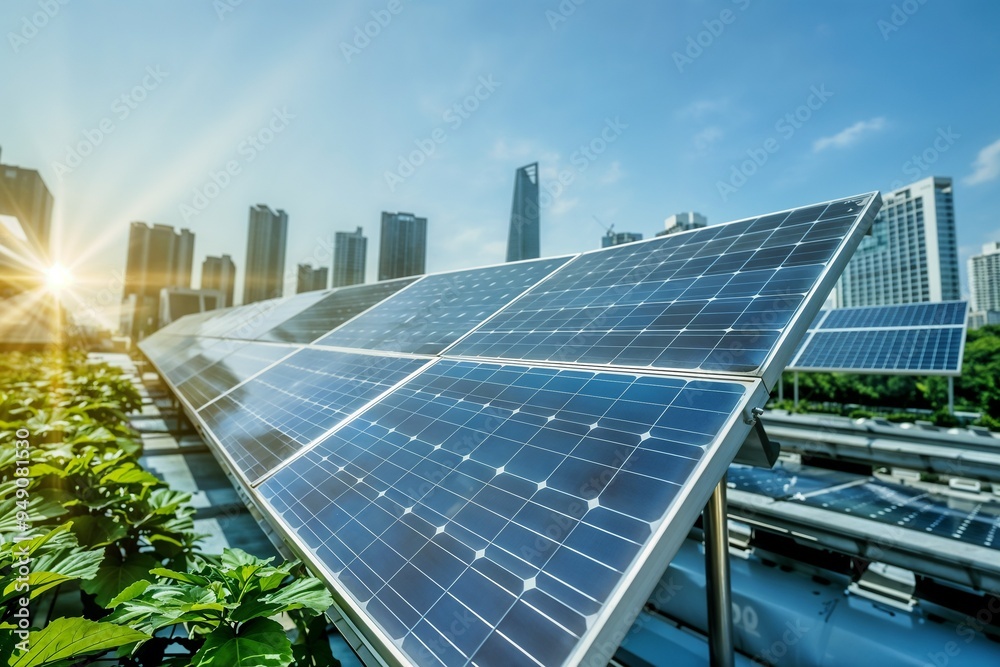 Solar panels on top of a business building in the city Solar panels on top of a business building in the city