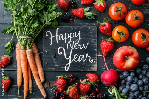 Fototapeta Naklejka Na Ścianę i Meble -  New Year greeting card with fresh fruits and vegetables on a rustic wooden background.