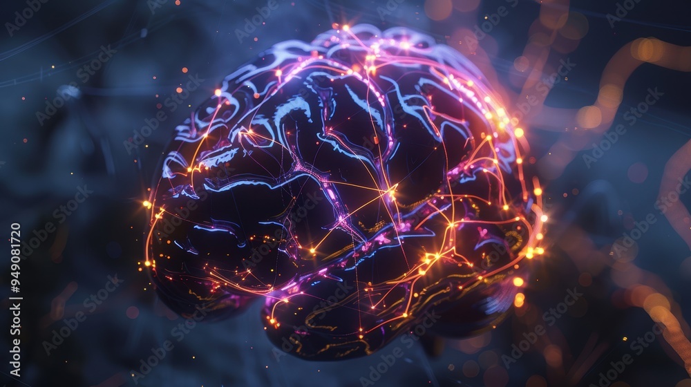 Digital brain with lights and sparks is forming new connections Digital brain with lights and sparks is forming new connections