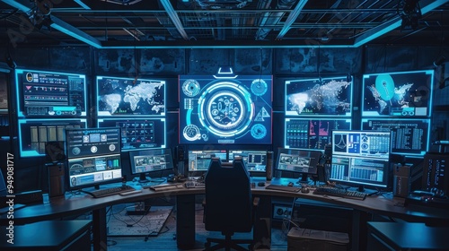 High tech security operations center monitoring global network activity