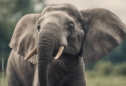 Side-view cute young elephant trunk upwards on transparency background