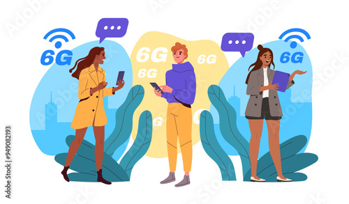 People use 6G. Man and women with modern technology of wireless connection. Young guy and girls with internet at gadgets and devices. Flat vector illustration isolated on white background