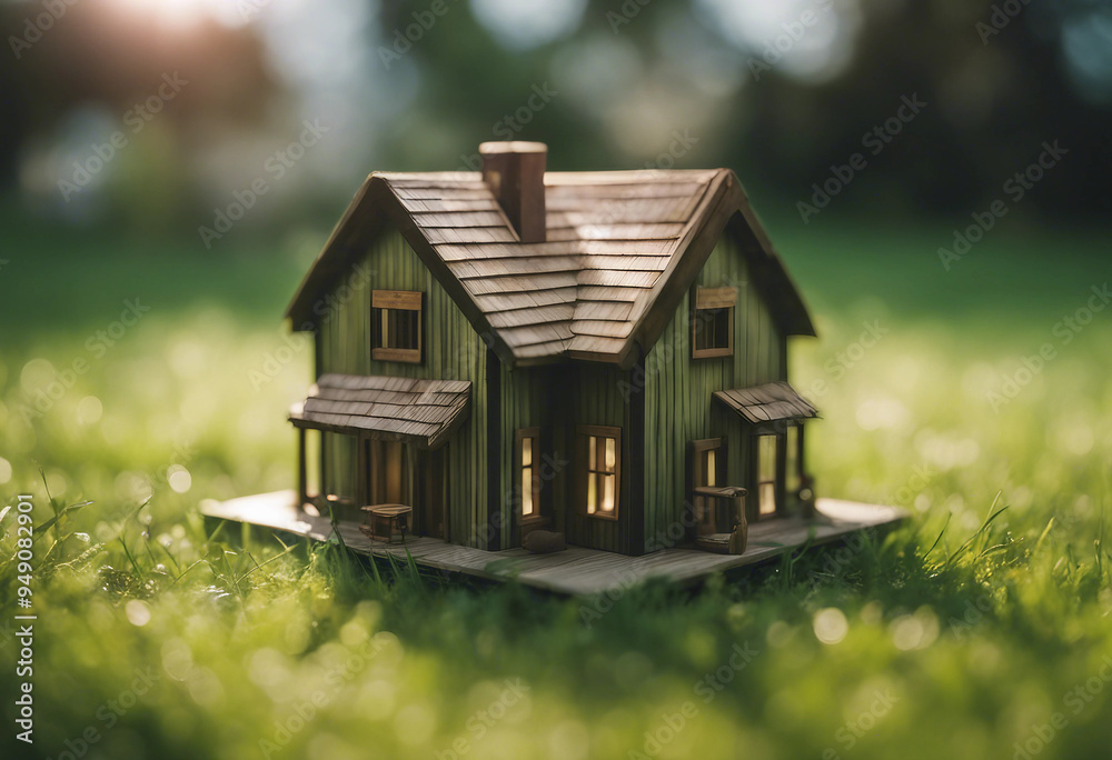 Wooden small house on green grass Wooden small house on green grass