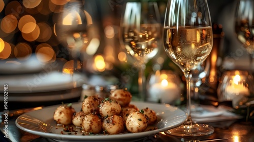 A plate of food with a glass of wine on a table