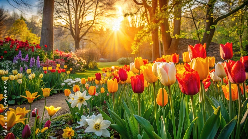 Vibrant tulips and daffodils burst forth in a colorful garden scene, surrounded by lush greenery and warm sunlight, capturing the essence of spring's renewal. Vibrant tulips and daffodils burst forth in a colorful garden scene, surrounded by lush greenery and warm sunlight, capturing the essence of spring's renewal.