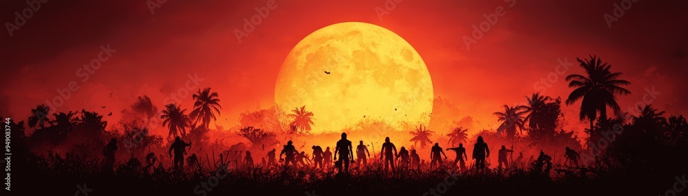 A haunting silhouette against a vibrant red sky and a full moon, evoking mystery and intrigue in a tropical setting. A haunting silhouette against a vibrant red sky and a full moon, evoking mystery and intrigue in a tropical setting.