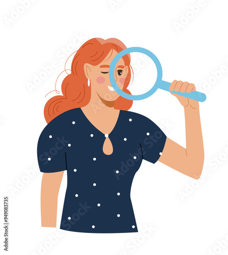 Person at work concept. Woman with magnifying glass. Young girl with loupe. Worker in office. Graphic element for website. Flat vector illustration isolated on white background