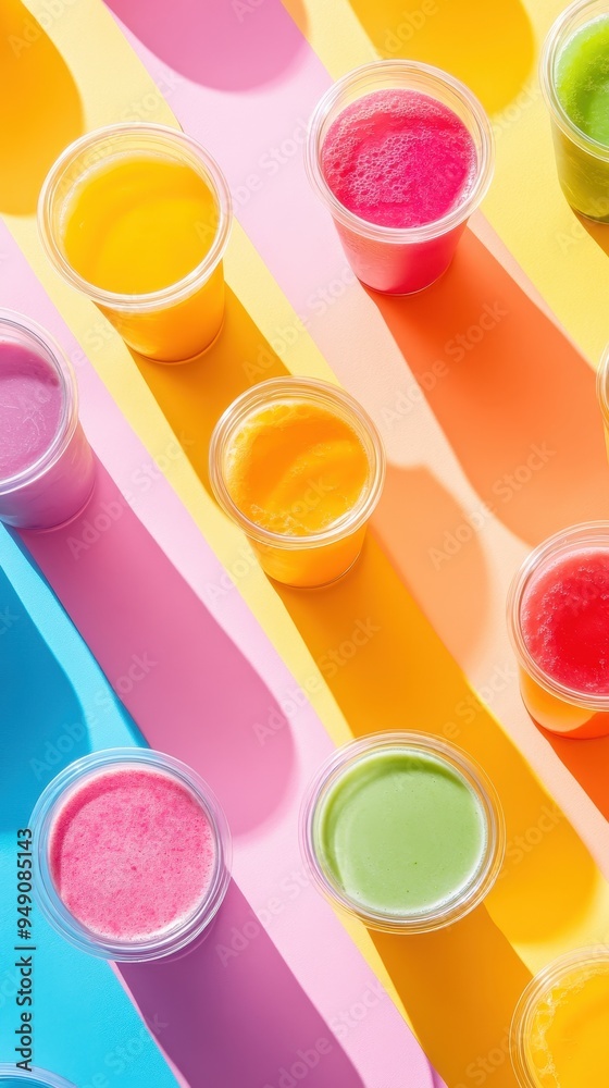 A variety of colorful fruit smoothies are arranged in glasses, showcasing a bright palette against a lively background during a summer event A variety of colorful fruit smoothies are arranged in glasses, showcasing a bright palette against a lively background during a summer event