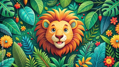 Whimsical colorful illustration of a smiling lion surrounded by tropical leaves and vines, perfect for a fun and playful animal-themed poster or wall art design. photo