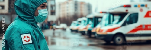 A healthcare worker in protective gear watches over numerous ambulances lined up outside hospitals, emphasizing the ongoing fight against diseases. Generative AI