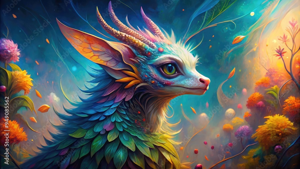 Whimsical illustration of a fantastical creature amidst vibrant brushstrokes and textured colors, blending reality and fantasy. Whimsical illustration of a fantastical creature amidst vibrant brushstrokes and textured colors, blending reality and fantasy.