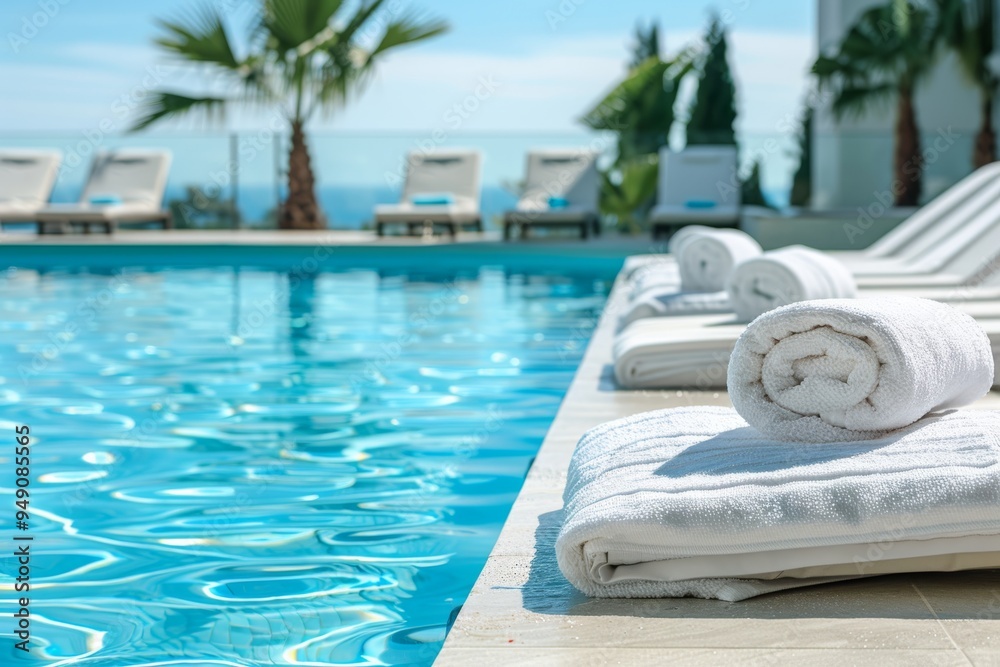 Obraz premium Rolled white towels on the edge of a swimming pool with lounge chairs and palm trees in the background. Summer vacation and relaxation concept.