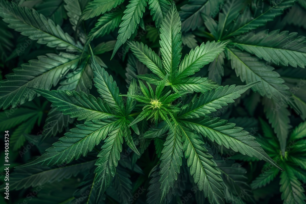 Close-up of lush green cannabis leaves in a garden. Plant cultivation and herbal medicine concept. Close-up of lush green cannabis leaves in a garden. Plant cultivation and herbal medicine concept.