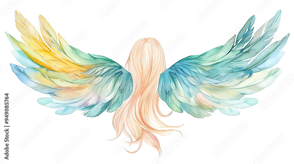 Obraz premium Boho Christmas angel clipart, with a halo of feathers, watercolor illustration, light pastel colors, isolated on white background