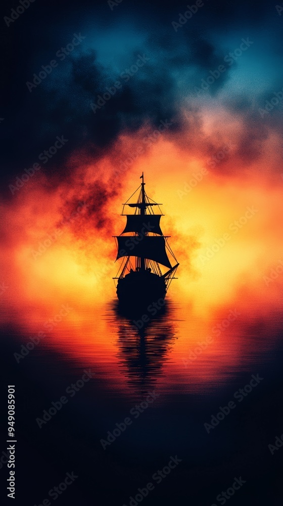 A majestic ship sailing through misty waters at sunset, silhouetted against a vibrant orange and blue sky. A majestic ship sailing through misty waters at sunset, silhouetted against a vibrant orange and blue sky.