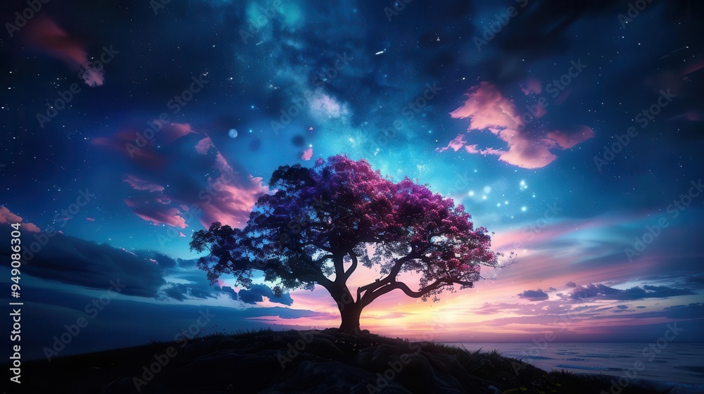 Photorealistic tree silhouette, lone pine tree on a hill under a starry night sky, moonlight casting shadows, highdefinition, vivid colors, hyperdetailed textures Photorealistic tree silhouette, lone pine tree on a hill under a starry night sky, moonlight casting shadows, highdefinition, vivid colors, hyperdetailed textures