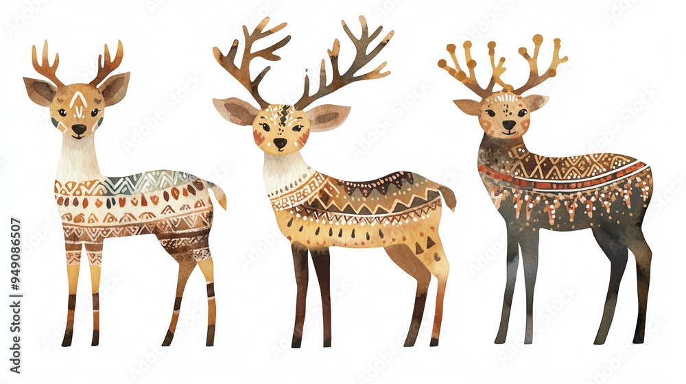 Obraz premium Boho Christmas deer clipart, with tribalpatterned fur, watercolor illustration, earthy tones, isolated on white background