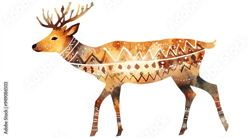 Boho Christmas deer clipart, with tribalpatterned fur, watercolor illustration, earthy tones, isolated on white background photo